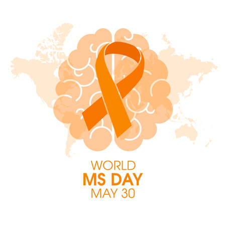 World Multiple Sclerosis Day vector. Orange awareness ribbon and human brain silhouette icon vector isolated on a white background. World MS Day Poster, May 30. Important dayのイラスト素材