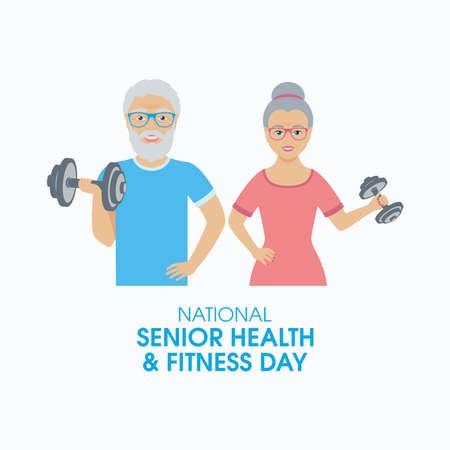 National Senior Health and Fitness Day vector. Happy senior couple exercising with dumbbells vector. Elderly people doing sport icons. Training couple of seniors vector. Important dayのイラスト素材