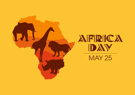 Africa Day Poster with african continent and animals vector. Animals of africa silhouette vector. African Liberation Day, May 25. Important dayのイラスト素材