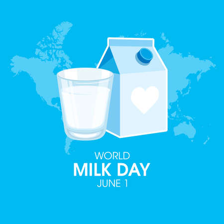 World Milk Day Poster with glass of milk icon vector. Full glass of milk, box of milk and world map icon vector isolated on a blue background. June 1. Important dayのイラスト素材