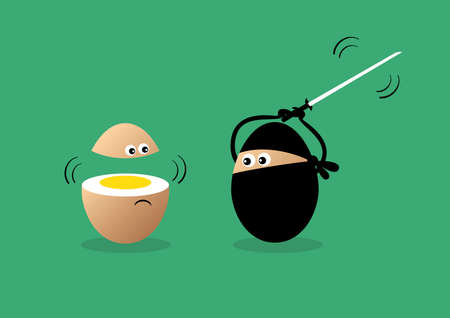 Egg ninja funny easter vector illustration. Fighting eggs with sword vector. Humorous easter accident cartoon character. Funny broken egg drawingのイラスト素材