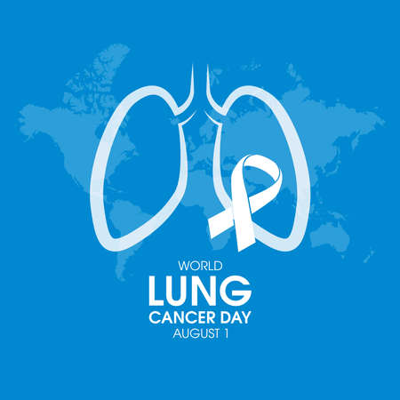 World Lung Cancer Day Poster with white cancer awareness ribbon vector. White awareness ribbon, human lungs and world map silhouette icon vector. August 1. Important dayのイラスト素材