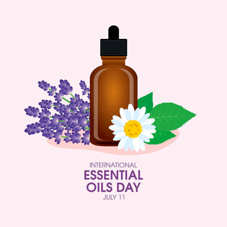 International Essential Oils Day vector. Brown glass bottle of essential oil with lavender flowers icon vector. Nature fragrance oil vial with a dropper illustration. July 11のイラスト素材