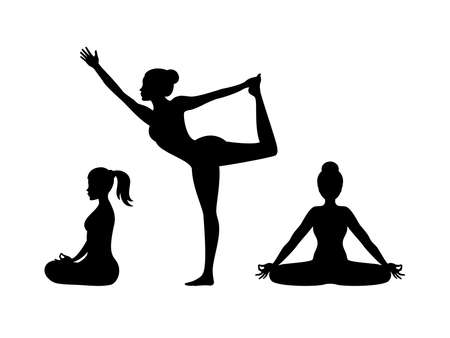 Woman in yoga position icon set vector. Women in yoga position black silhouette icon set vector isolated on a white backgroundのイラスト素材
