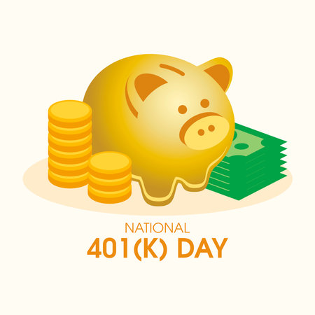 National 401(k) Day vector. Golden piggy bank, coins and banknotes icon vector. Saving for retirement design element. Important dayのイラスト素材