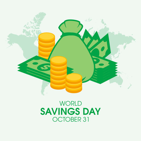 Illustration pour World Savings Day vector. Green banknotes, money bag and golden coins icon vector. October 31. Important day - image libre de droit