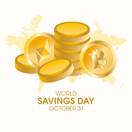 World Savings Day vector. Shiny golden cryptocurrency bitcoin and ethereum icon vector. Digital gold design element. Savings in cryptocurrencies illustration. October 31のイラスト素材