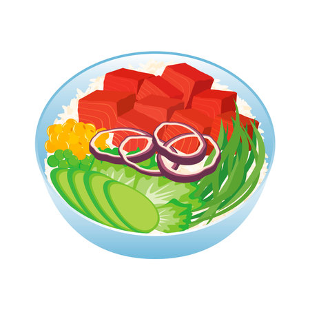 Poke Bowl with tuna cubes and vegetables icon vector. Tuna poke bowl with rice, avocado, onion, lettuce and seaweed design element isolated on a white backgroundのイラスト素材