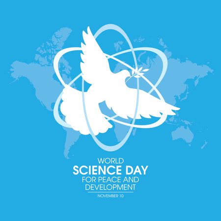 World Science Day for Peace and Development vector. Dove of peace and atom white silhouette icon vector. November 10 every year. Important dayのイラスト素材
