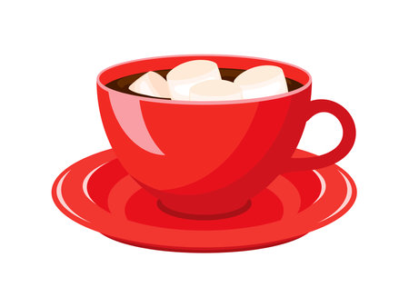Hot cocoa drink with marshmallows icon vector. Mug of hot chocolate vector. Red cup of cocoa illustration. Sweet winter drink icon isolated on a white backgroundのイラスト素材