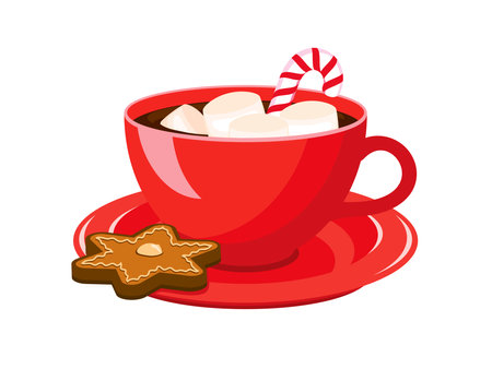 Hot cocoa drink with marshmallows icon vector. Mug of hot chocolate with gingerbread and candy cane vector. Sweet winter drink icon isolated on a white backgroundのイラスト素材