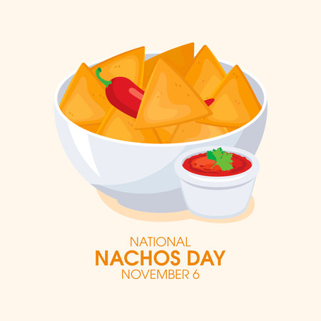 National Nachos Day vector. Bowl of nachos and chili pepper drawing. Mexican corn tortilla chips with tomato salsa sauce icon vector. November 6. Important dayのイラスト素材