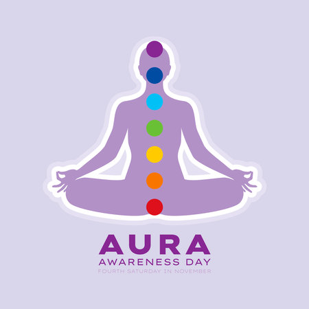 Aura Awareness Day vector. Woman with aura sitting in yoga pose silhouette vector. Meditating person with chakras icon vector. Fourth Saturday in November. Important dayのイラスト素材