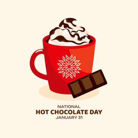 National Hot Chocolate Day vector. Red mug of hot chocolate with whipped cream vector. Cup of cocoa illustration. Winter beverage drawing. January 31. Important dayのイラスト素材