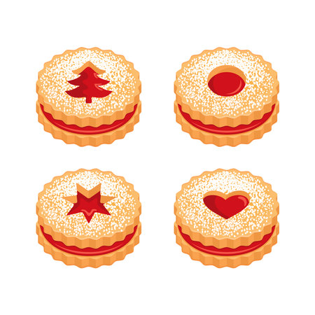 Linzer christmas cookies icon set vector. Delicious christmas linzer round cookies with jam icon set isolated on a white background. Festive shortbread biscuit drawingのイラスト素材
