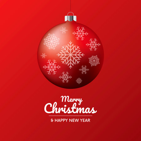 Beautiful red shiny christmas ball banner icon vector. Merry Christmas and Happy New Year greeting card with red christmas bauble on a red background graphic design elementのイラスト素材