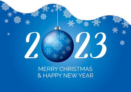 2023 Merry Christmas and Happy New Year blue greeting card with snowflakes vector. Christmas background with falling snowflakes and blue bauble vector illustrationのイラスト素材