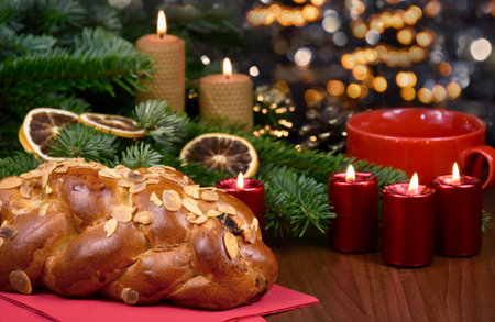 Christmas Czech pastry cake still life stock photo images. Traditional Czech Christmas sweet pastry vanocka on a festive background stock imageの写真素材