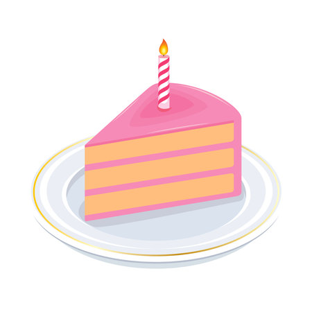 Pink birthday cake with candle icon vector. Slice of pink cake with burning candle drawing. Piece of cake on a plate icon vector isolated on a white backgroundのイラスト素材