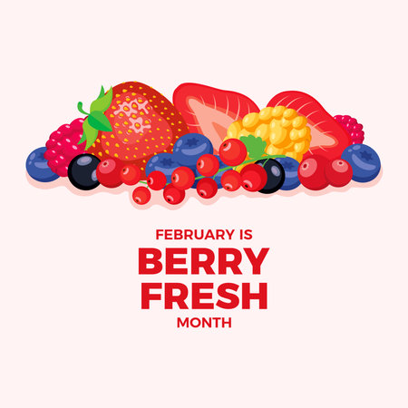 February is Berry Fresh Month vector. Pile of different berries vector illustration. Strawberries,...