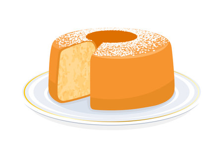 Chiffon cake with powdered sugar icon vector illustration. Light and fluffy vanilla chiffon cake on a plate icon vector on a white background. Delicious sponge cake sliced drawingのイラスト素材