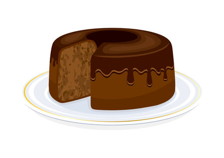 Chocolate chiffon cake icon vector illustration. Light and fluffy chiffon cake with chocolate glaze on a plate icon on a white background. Delicious sponge cake sliced drawingのイラスト素材
