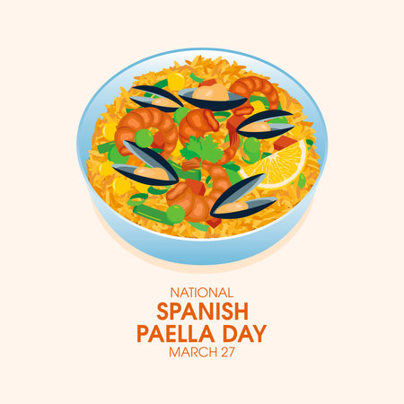 National Spanish Paella Day vector illustration. Rice with seafood and vegetables vector. Spanish dish with mussels, prawns and rice drawing. March 27. Important dayのイラスト素材
