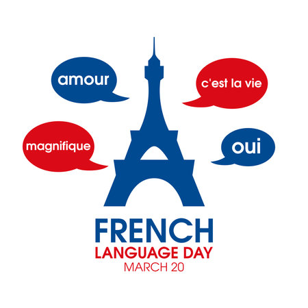 French Language Day vector illustration. Eiffel Tower simple graphic design element. Talking bubbles with French words icon set on a white background. March 20. Important dayのイラスト素材