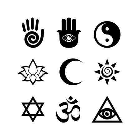 Esoteric and spiritual black and white icon set vector. Mystic sacred graphic design elements isolated on a white background. Religious symbols collection vectorのイラスト素材
