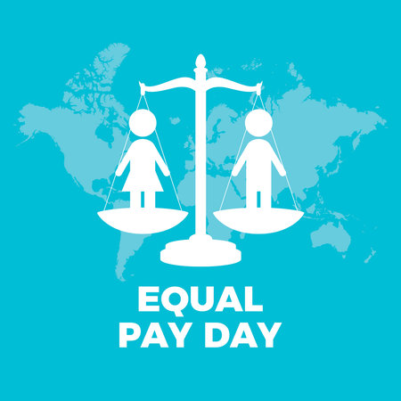 Equal Pay Day vector illustration. Man and a woman on a judicial scale silhouette icon. Weight scale of justice and women's rights vector. Male female equality symbolのイラスト素材