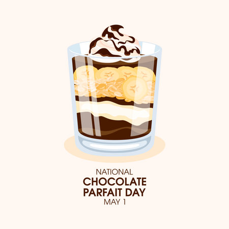 National Chocolate Parfait Day vector illustration. Delicious layered chocolate banana dessert in a glass drawing. Banana, creamy yogurt, crunchy granola and whipped cream vectorのイラスト素材