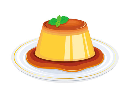 Vanilla pudding custard with caramel sauce icon vector. Custard creamy dessert with caramel sauce on a plate design element on white background. Yellow pudding cake illustrationのイラスト素材