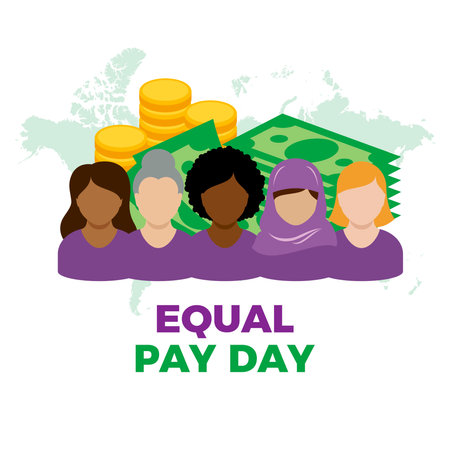 Equal Pay Day vector illustration. Group of multi ethnic women and money vector. Woman avatar head icon set. Abstract multiracial female faces and currency illustrationのイラスト素材