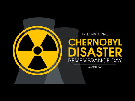 International Chernobyl Disaster Remembrance Day vector. Round yellow radiation warning symbol and nuclear power plant silhouette icon vector. April 26. Important dayのイラスト素材