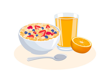 Healthy breakfast with oatmeal and glass of orange juice icon vector. Cereal breakfast with fruits icon vector isolated on a white background. Oat flakes breakfast still life drawiのイラスト素材
