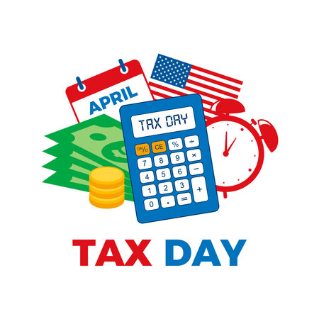 Tax Day in the United States icon vector. Calculator, money, alarm clock, calendar and american flag icon set vector isolated on a white background. Income tax returns in Aprilのイラスト素材