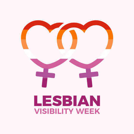 Lesbian Visibility Week vector illustration. Two interlocking female symbols icon vector. Lesbian flag in heart shape graphic design element. LGBT pride symbol. Important dayのイラスト素材