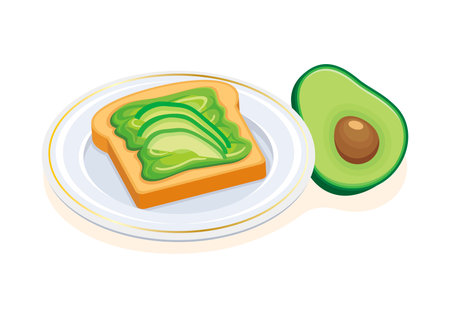Avocado toast on a plate icon vector. Healthy breakfast with toasted bread and avocado fruit still life vector on a white backgroundのイラスト素材