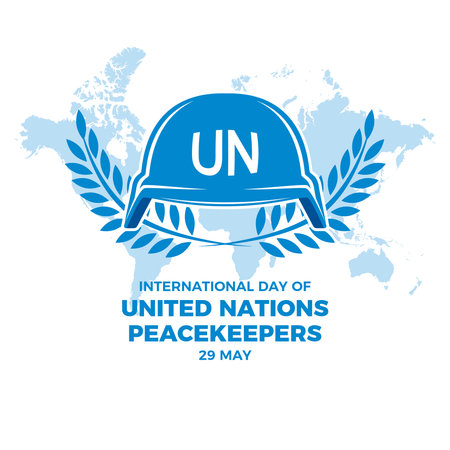 International Day of United Nations Peacekeepers vector illustration. Blue UN military helmet and peace laurel wreath icon vector. Blue army helmet design element. 29 Mayのイラスト素材