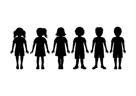 Group of children standing in a row black silhouette vector. Little boys and girls silhouette icon set vector isolated on a white backgroundのイラスト素材