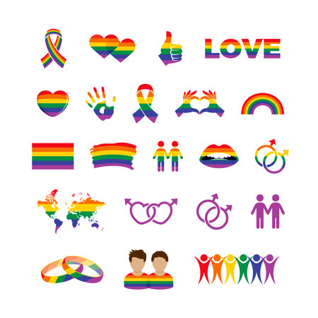 Gay pride flag colors icon set vector. Gay man love many icon set isolated on a white background. LGBT graphic design element. Male gay color symbol collection vector illustrationのイラスト素材