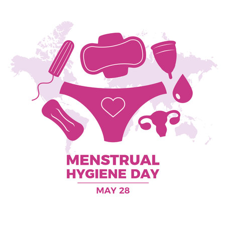 Menstrual Hygiene Day vector illustration. Women's menstrual products icon set vector. Menstrual sanitary pad, tampon, cup, panties purple icons vector. May 28 every yearのイラスト素材