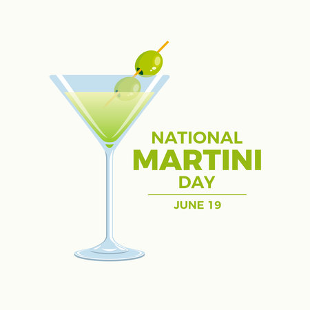 National Martini Day vector illustration. Martini drink with green olive icon vector. Alcoholic gin and vermouth cocktail drawing. June 19 every year. Important dayのイラスト素材
