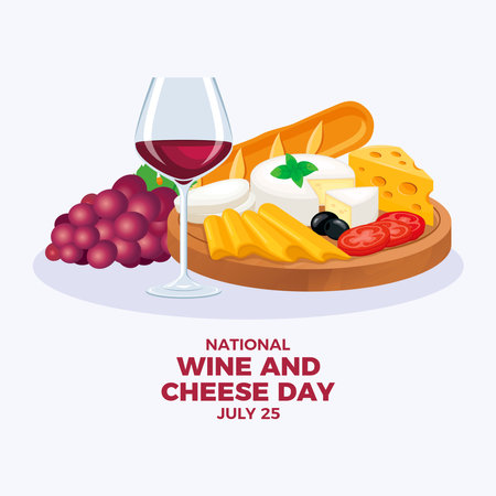 National Wine and Cheese Day vector illustration. Glass of red wine, cheese platter, baguette and grapes vector. Delicatessen on a wooden cutting board drawing. July 25 every yearのイラスト素材