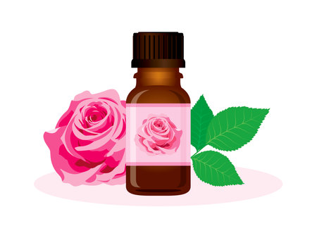 Rose essential oil in a brown glass bottle vector illustration. Glass cosmetic bottle with rose fragrance oil icon vector on a white background. Nature fragrance oil vial drawingのイラスト素材