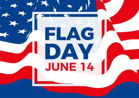 Flag Day United States on June 14 vector illustration. Wavy fabric american flag frame. Waving flag of the United States border. Important dayのイラスト素材