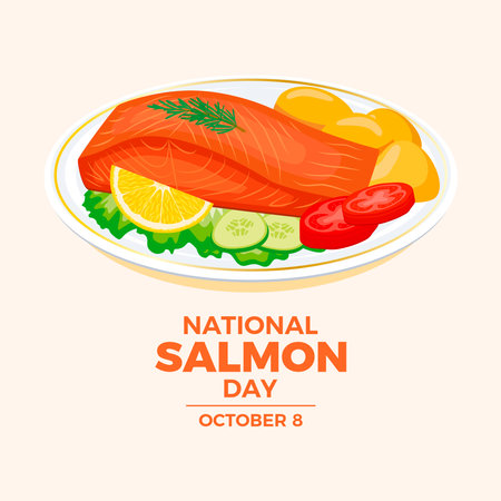 National Salmon Day vector illustration. Salmon steak meat with potatoes and vegetable garnish icon vector. Grilled Salmon on a plate drawing. October 8 every year. Important dayのイラスト素材