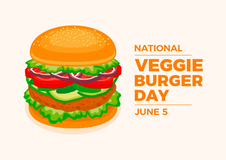 National Veggie Burger Day vector illustration. Plant-based Burger vector. Delicious fresh vegan burger with vegetables icon. Big vegetarian burger drawing. June 5 every yearのイラスト素材