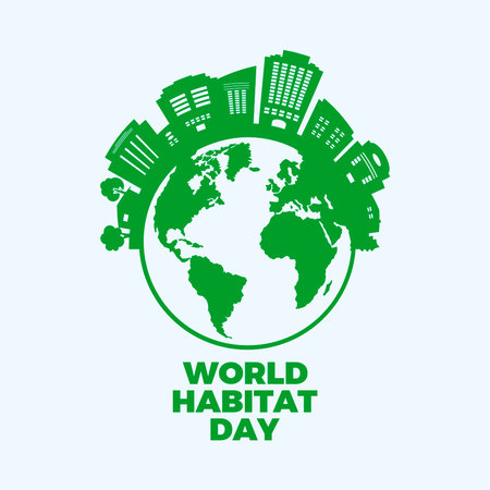 World Habitat Day vector illustration. Green buildings and planet earth icon vector. Sustainable city silhouette. First Monday of October of every year. Important dayのイラスト素材