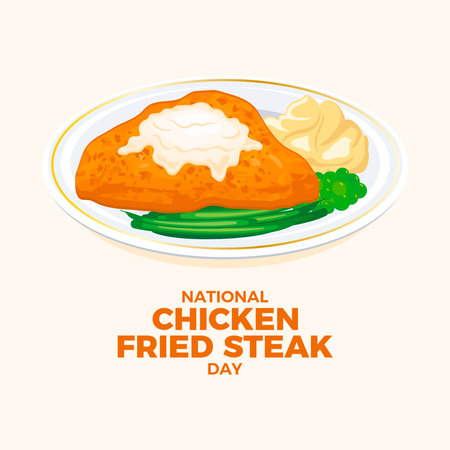 National Chicken Fried Steak Day vector illustration. Fried steak with mashed potatoes, peas and green beans icon vector. Fried chicken cutlet with creamy gravy on a plate drawingのイラスト素材